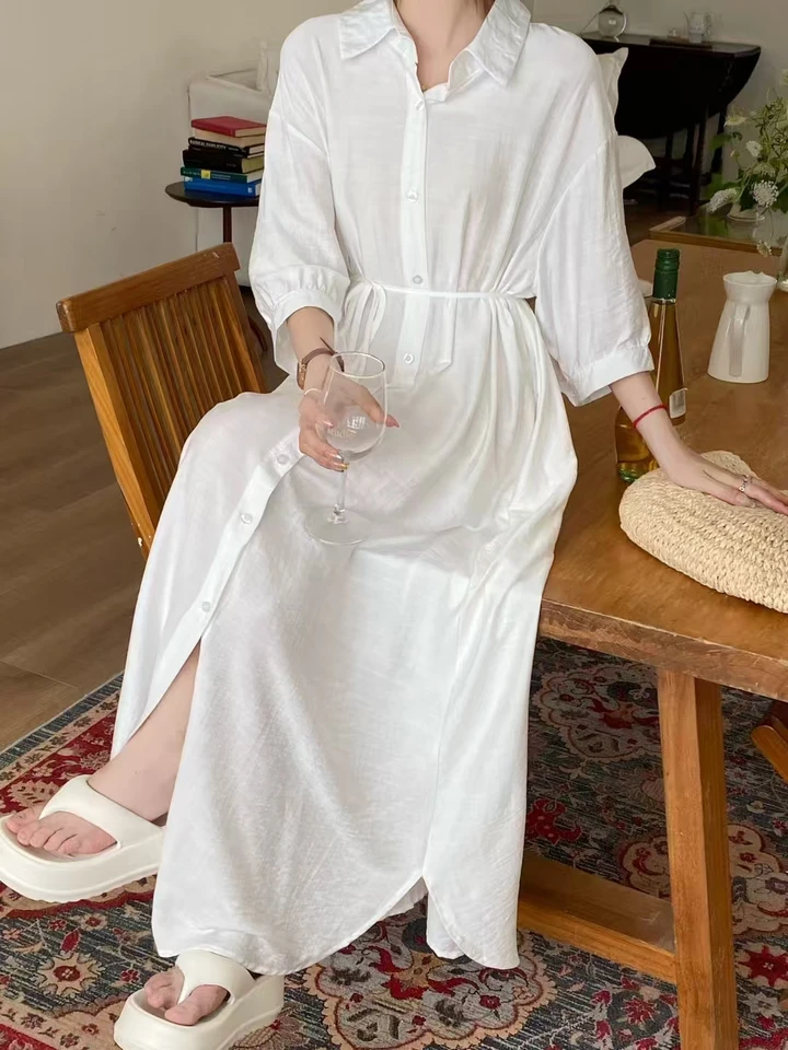 Dámske letné šaty Japonsko Kórea v štýle Cotton Linen Loose dlhý rukáv Otvorené stehy Zelené modré levanduľové kávové šaty