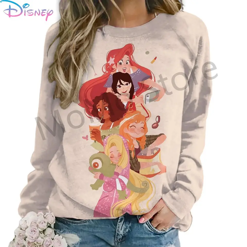 Dámske mikiny s dlhým rukávom Disney Princezná o krk vysokokvalitné kawaii mladistvé oblečenie Nové S-3xl Krásne ulice Streetwear
