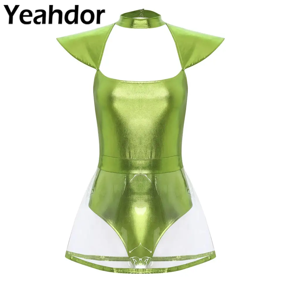 Dámske mimozemské kostýmy kostým Halloween Sexy Sexy rukávový výrez Cutout BodySuit s PVC sukňami karnevalové festivaly sa obliekajú