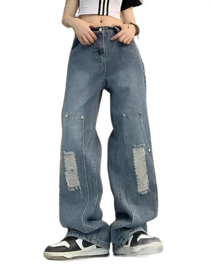 Dámske modré americké vinobranie pytliacke pikantné dievča Y2K High Street Denim Desig Design Rovné nohavice nohavice voľné nohavice široké nohy