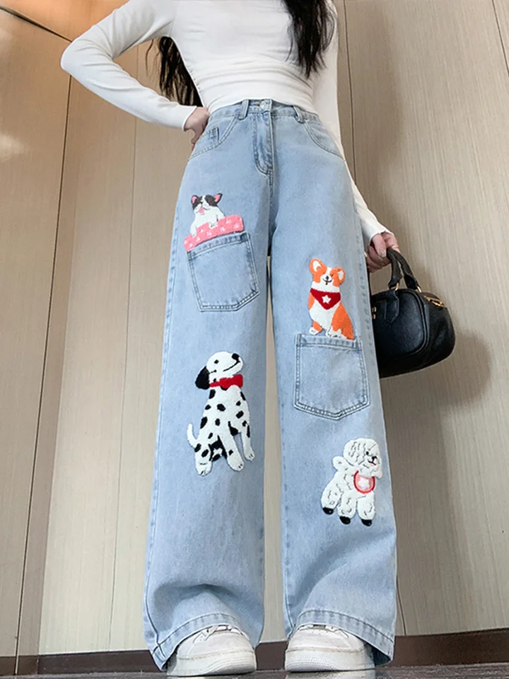Dámske modré domáce zvieratá tlačené džínsy y2k roztomilé harajuku streetwear s vysokým pásom 2000. storočia široké nohy vintage džínsové nohavice oblečenie 2025