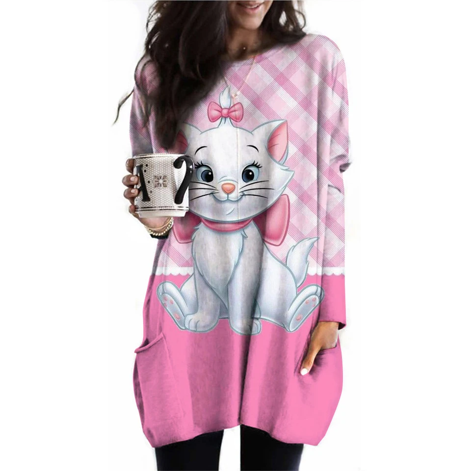 Dámske módne kawaii vreckové tričko Disney Mary Cat Tlated vreckové tričko pre Disney Mary Cat potlačte y2k s dlhým rukávom dám