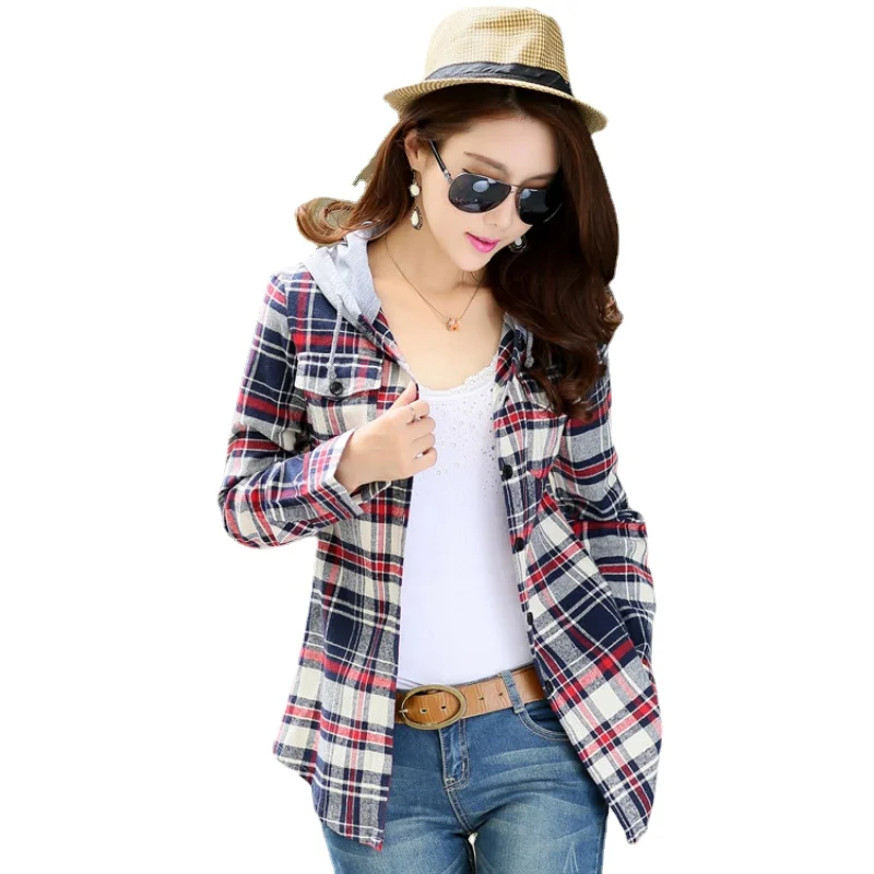 Dámske módne kockované s kapucňou Loose Fit Flanel košeľa s dlhým rukávom Žena blúzka košeľa bavlnená Blusas britský štýl dámske vrcholy