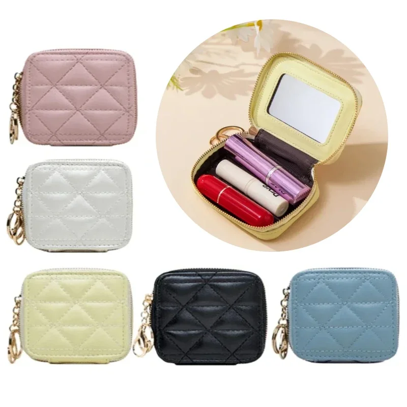 Dámske módne rúžové tašky Originálne kožené make -up puzdro Mini kabelka Organizátor Kozmetické vrecko zrkadla rúžová vrecková peňaženka mince
