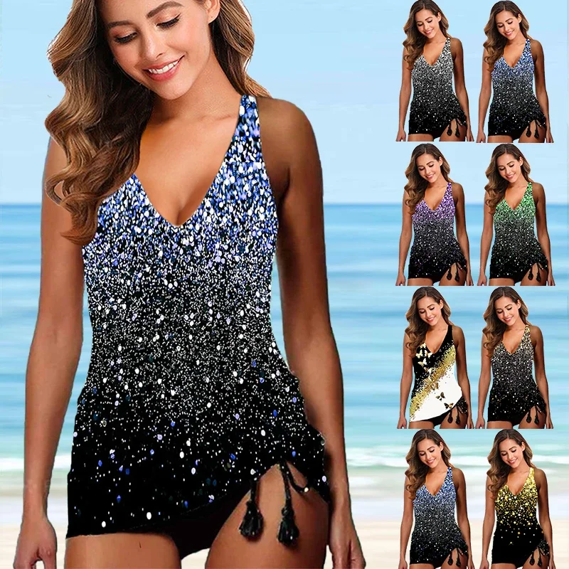 Dámske módne tankini plavky dvojdielne plavky Slim Gold Butterfly plavky Tankini Tankini Casual Holflice Beachwear S-6XL
