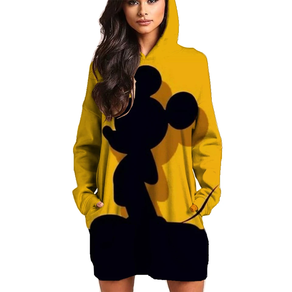 Dámske nadrozmerné kapucňové šaty jesenné Disney Mickey Mouse Print s kapucňou Dámske šaty s dlhým rukávom Street Wea Wea