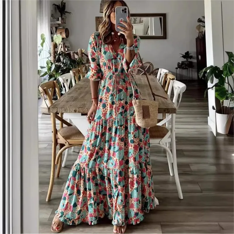 Dámske nové módne tlačené šaty Sexy v krku s dlhým rukávom s dlhým rukávom, šnurovanie v páse Dlhý Bohemian Príležitostné pohodlné šaty Jeseň