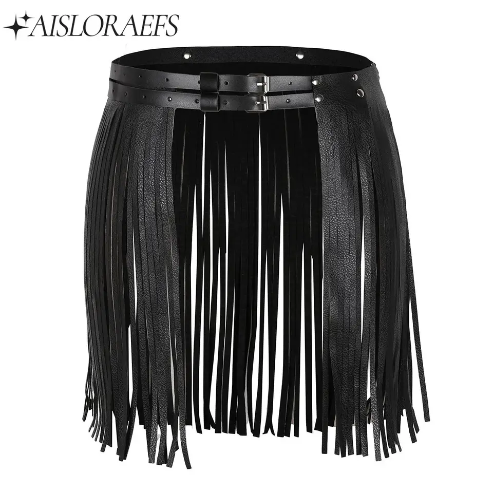 Dámske nové okrajové bodycon mini sukne faux kožený pás Fringe Tassel Mini sukňa jazz latinský tanečný scéna Clockwear Clubwear
