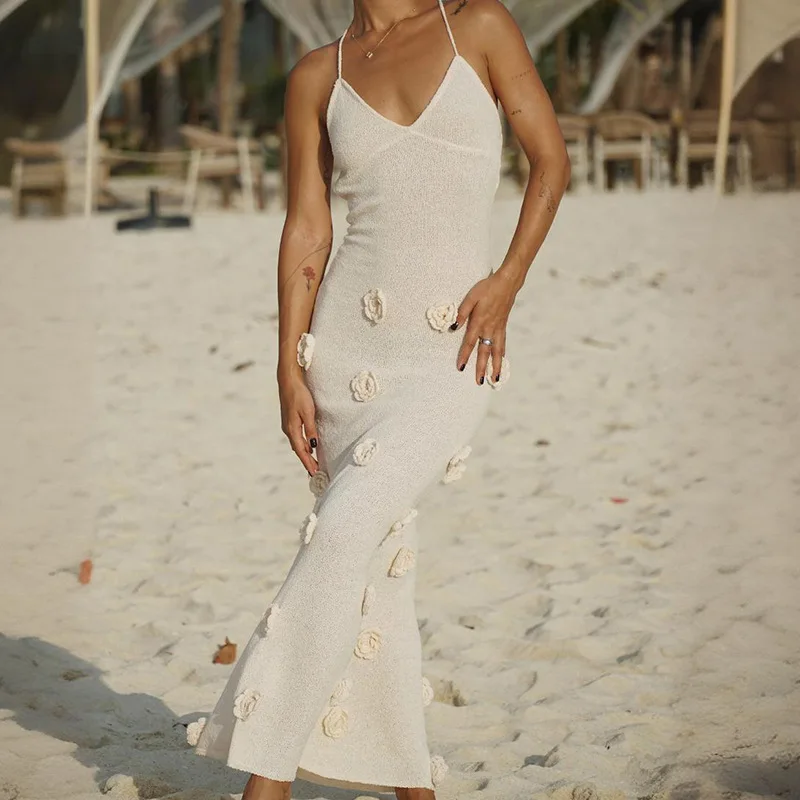 Dámske nové šaty Camisole Sexy trojrozmerné kvetinové pletené pletené šnurovacie šnurovanie zadok zabalené dlhé šaty pre ženy