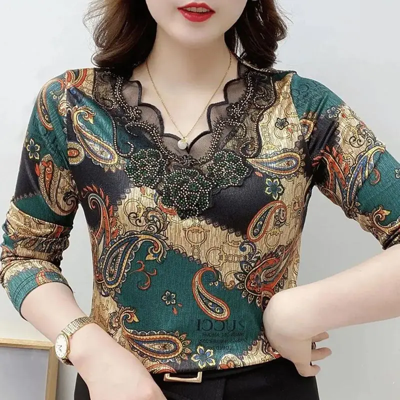 Dámske oblečenie Paisley tlačené tričko Kvetinové vinobranie jarné jesenné čipky elegantné diamanty Folk Slim V-Neck Pullovs