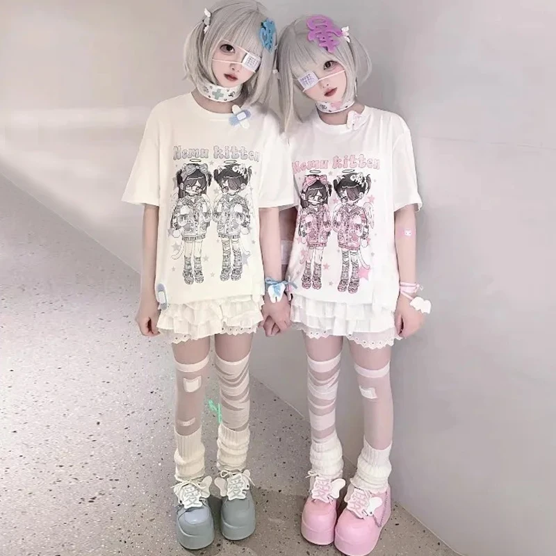 Dámske oblečenie tričko Japonské roztomilé subkultúru s krátkym rukávom Y2K anime tlačené vrcholy leto 2024 Príležitostné harajuku biele cosplay odpaliská
