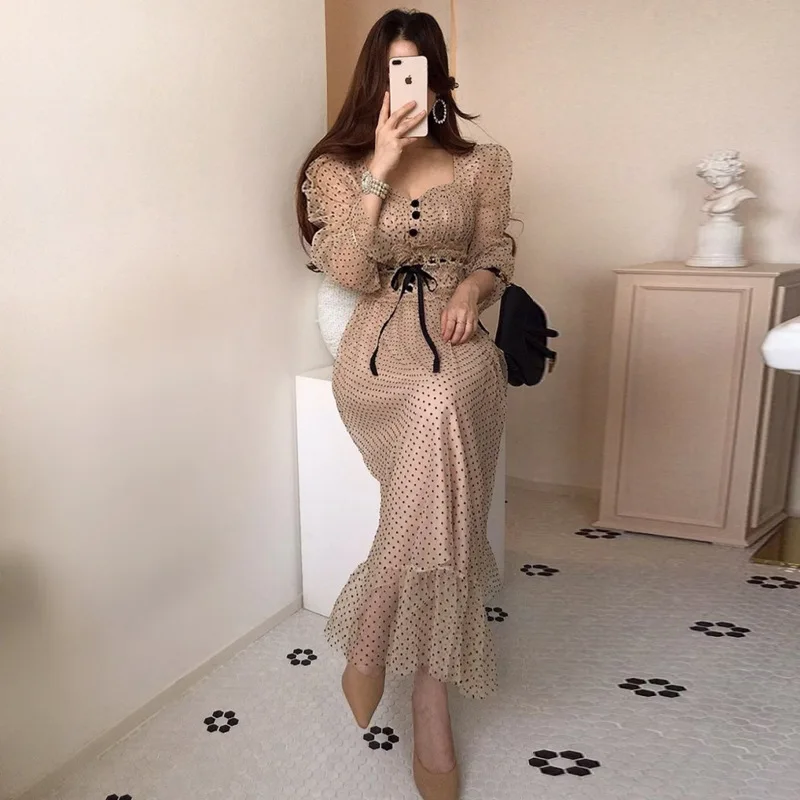 Dámske oblečenie Vestidos vintage šaty elegantný štvorcový krk s vysokým pásom Lace Organza Polka Dot Dresses Chic Summer 2025 Slim
