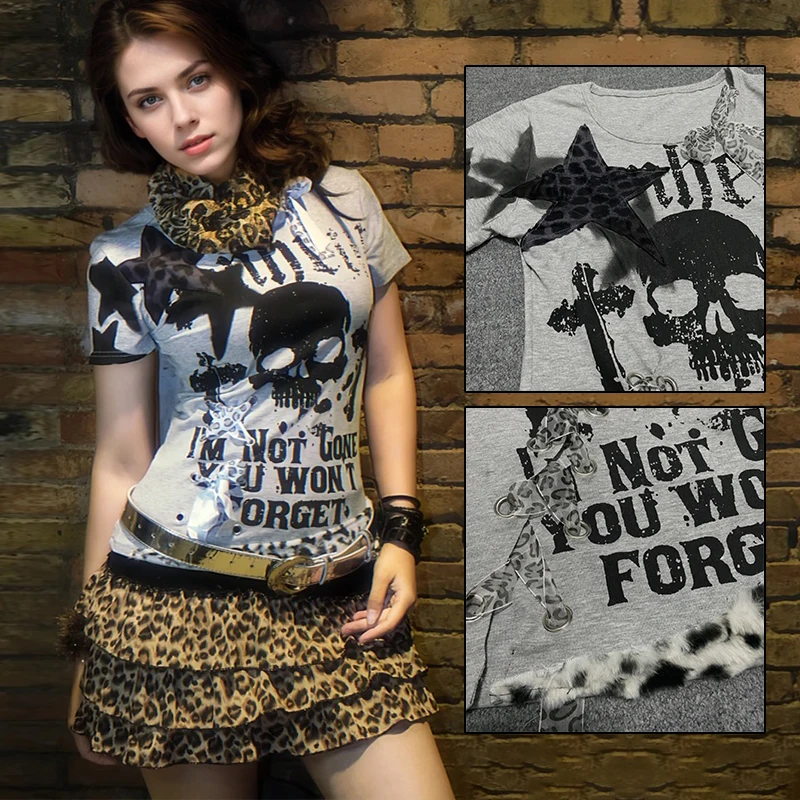 Dámske oblečenie y2k vintage lebka tlač s krátkym rukávom Tričko leto nové harajuku korenia dievčaťa Grey Design Sense Slim-Fit Tops