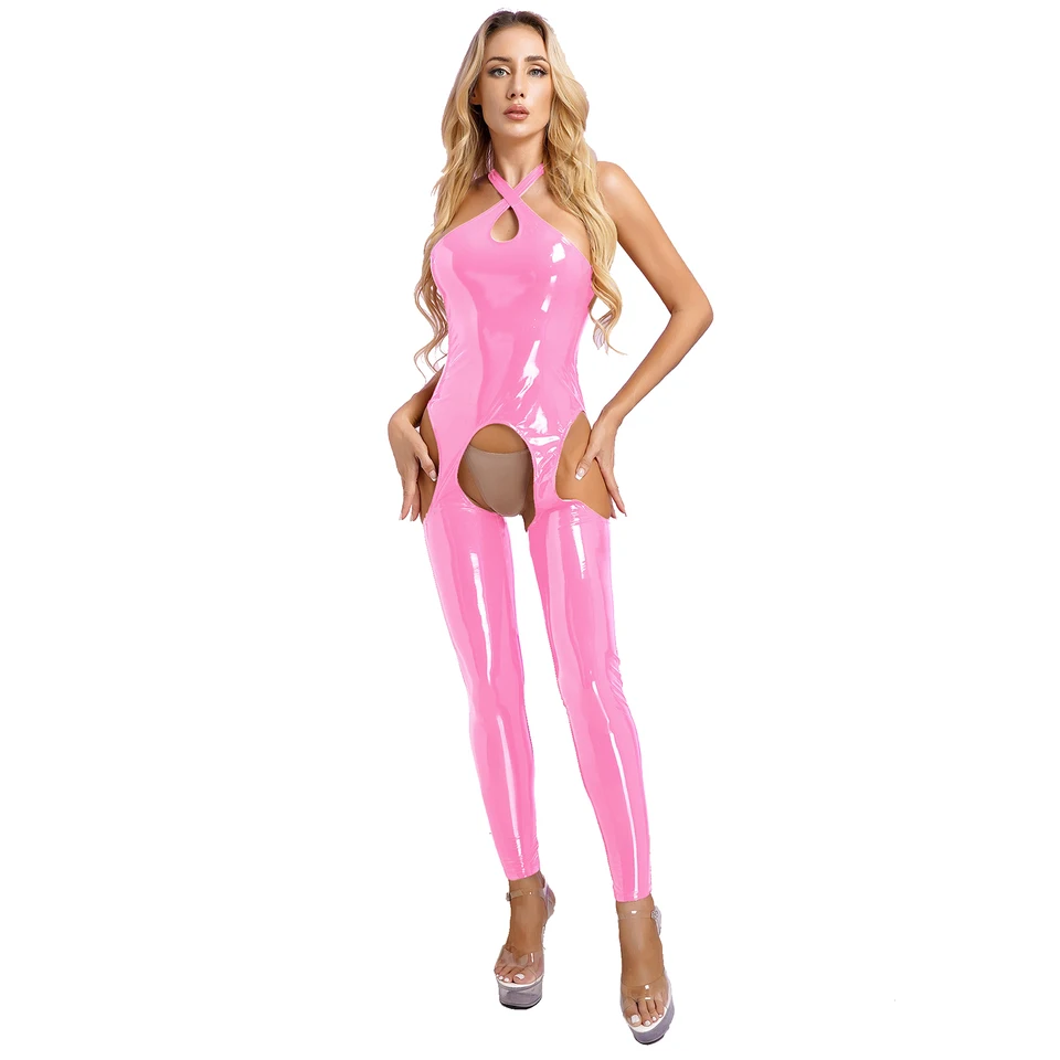Dámske otvorené rozkroky latexové mačky spodná bielizeň lesklé patentované kožené kože bez rozkrokov bez rukávov bez rukávov bez rukávov Skinny kombinéza Clubwear