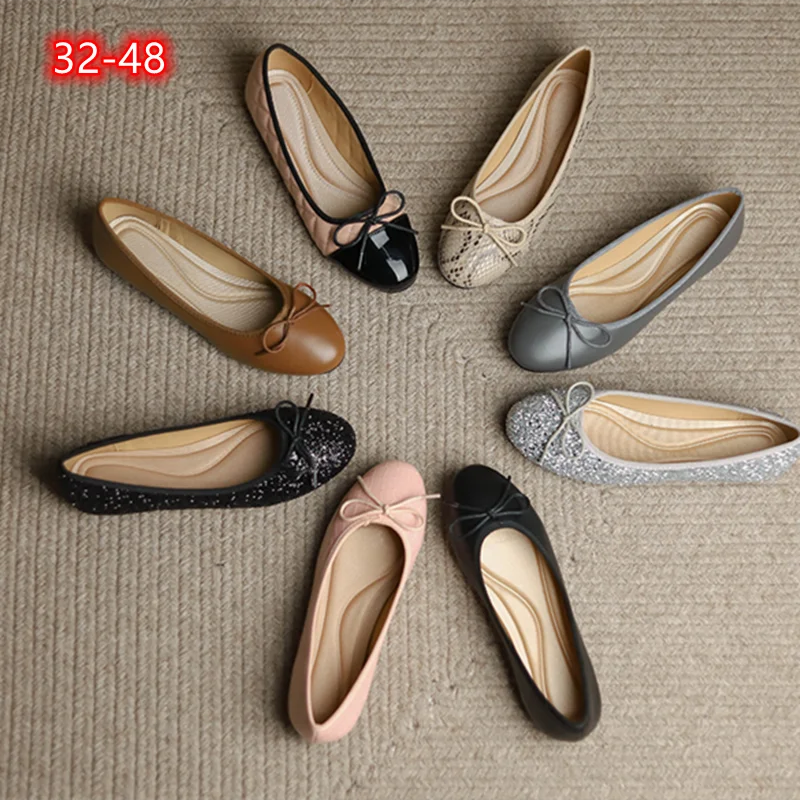 Dámske patchwork balet Flats kožené mäkké pracovné topánky Snug Shon Bow-Knot Spring Slip-On Round Fory Wide Fits Moccasins 33-48