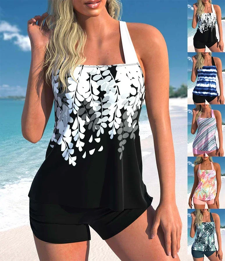 Dámske plavky Tankini 2-kusové pravidelné plavky 2-dielny list potlačený vzor ohláňacích plaviek Sport Sport Beachwear Holiday S-6XL