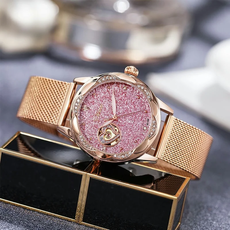 Dámske plne automatické mechanické hodinky pre ženy, séria Starry Sky s 36 mm okvetný okvetný otočený kovový svietidlá funkčná oceľ