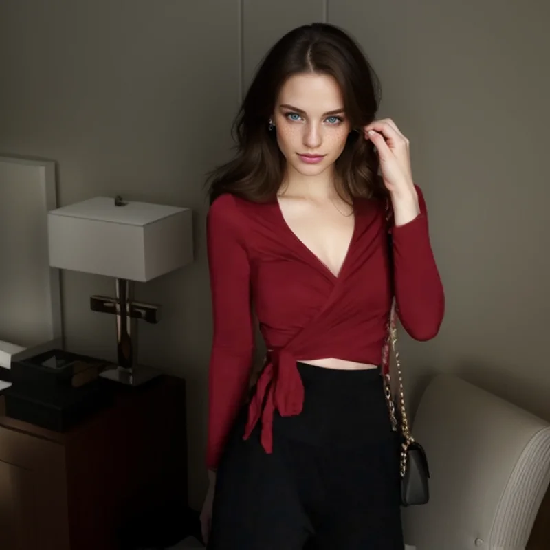 Dámske plodiny Tops štýlové sexy štíhle krk zabalené módne módny román Spevnená farba s dlhým rukávom Dámske tričká Dámske plodiny