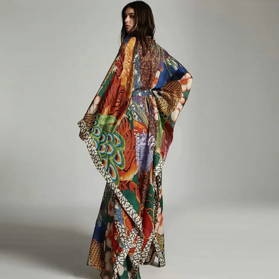 Dámske plážové šaty Kimono Style Loose tlačené sveter Sungan Sundress Cover Sun Summer Bikini Cover Ups na dovolenku