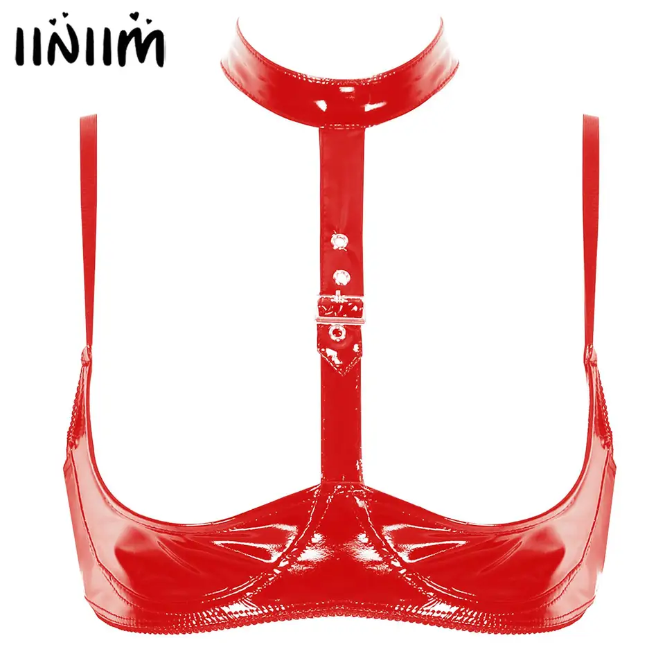 Dámske porno sexy podprsenky spodná bielizeň mokrý vzhľad patent kožené spodná bielizeň braleta halter krk prsia Otvorené šálky bez drôtu.