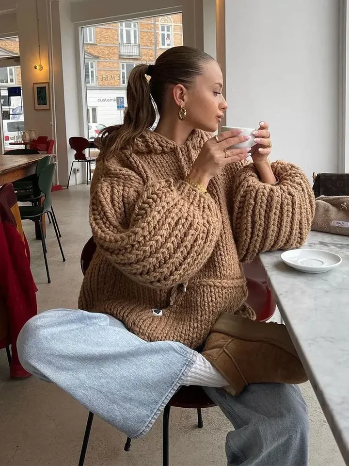 Dámske príležitostné s kapucňou Lantern Rukáv pletený pullover elegantne nadmerne masívne teplé svetre dámy 2024 High Street Knitwear Winter