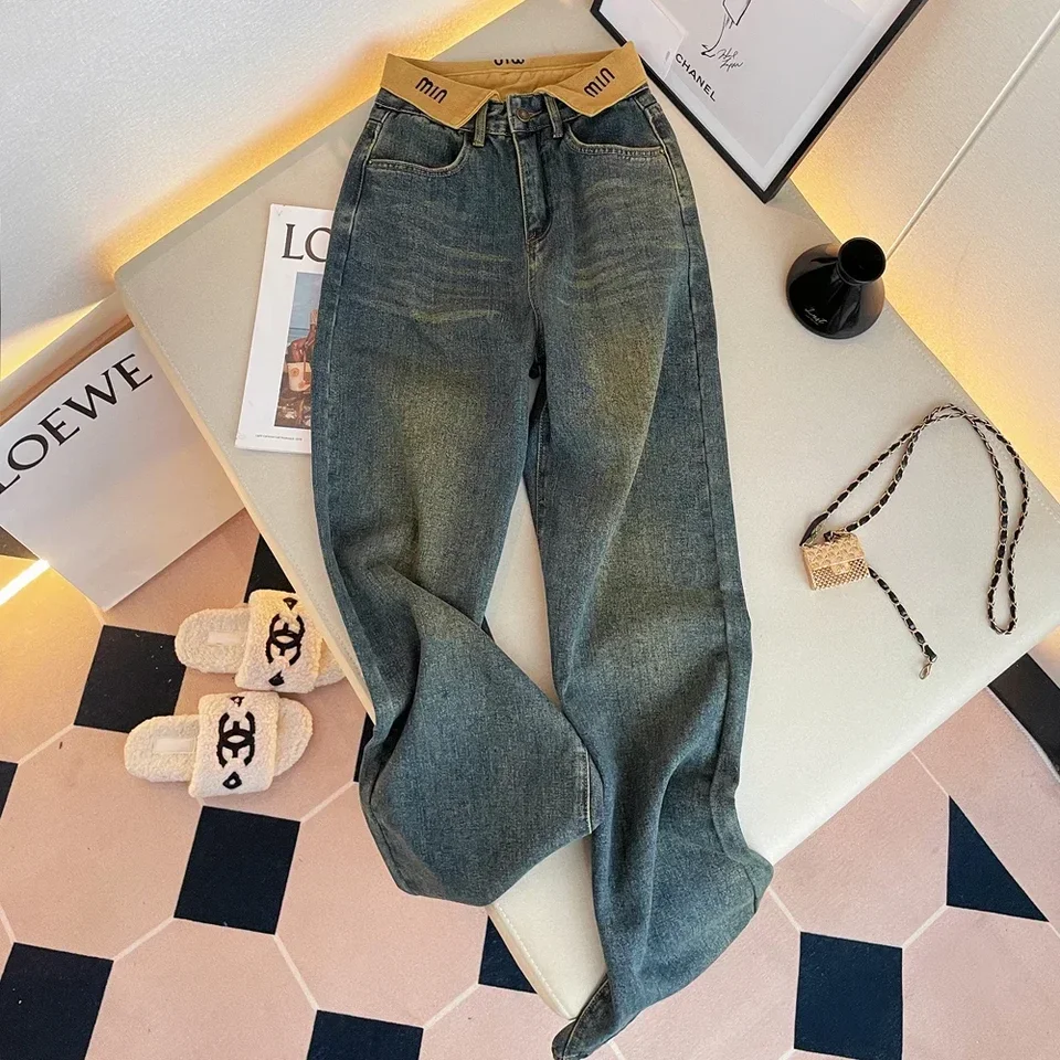 Dámske prírubové dizajn vysoký pás široký pás džínsové džínsy vintage ulica American Style Príležitostné nohavice ženské džínsové nohavice