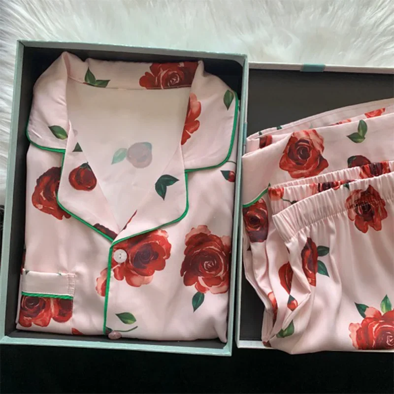 Dámske pyžamové súpravy jar jeseň 2 kus ružové kvetiny pyžama faux hodvábokovník saténové spánkové oblečenie s dlhým rukávom Pijama Mujer PJS Homewear