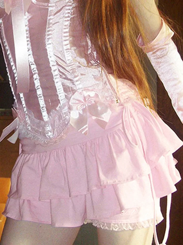 Dámske pyžamové šortky kawaii čipkované čapy vrstvené prevrhnuté bočné zviazanie pohodlných spánkových šortiek lolita japonské letné pyžama spodky y2k