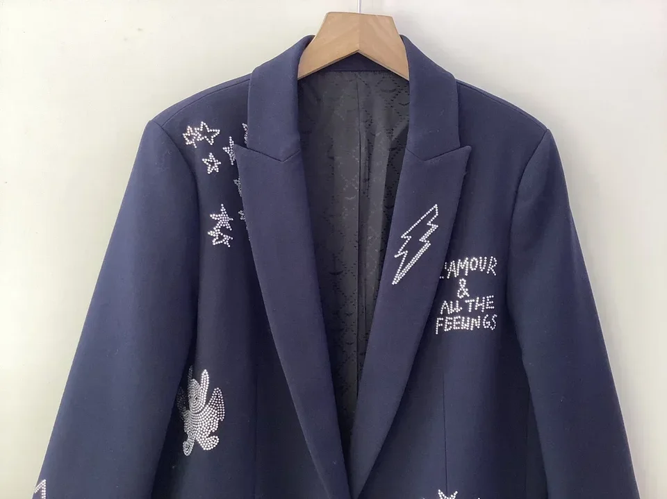 Dámske písmená hviezdy kamienok Decorácie Blazer single gombíka módne dlhé rukávy 2024 Jeseň ženský oblek kabát