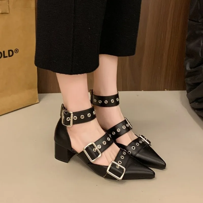 Dámske sandále topánky 2025 jarné nové vysoké podpätky špicaté päty na pätičku Buckle Party retro módne dámy sandále topánky Zapatos muje