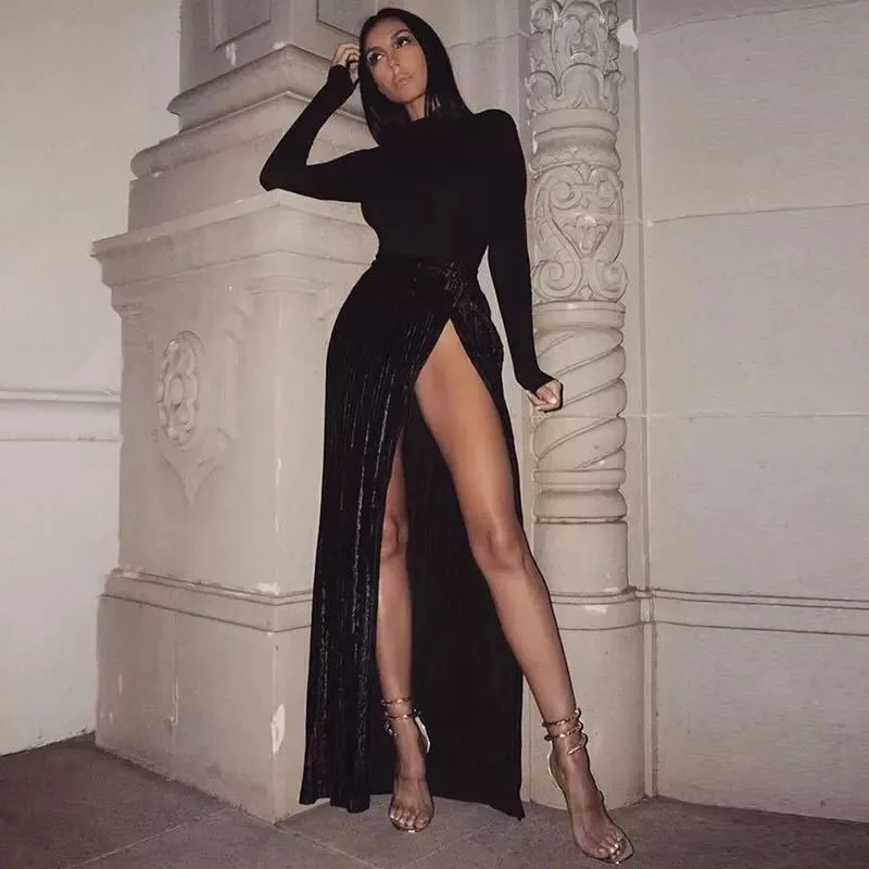 Dámske sexy flitre voľné rozdelenie sukne jarná letná večierok Formálna sukňa Dámska elegantná sukňa s vysokým pásom Čistá sukňa