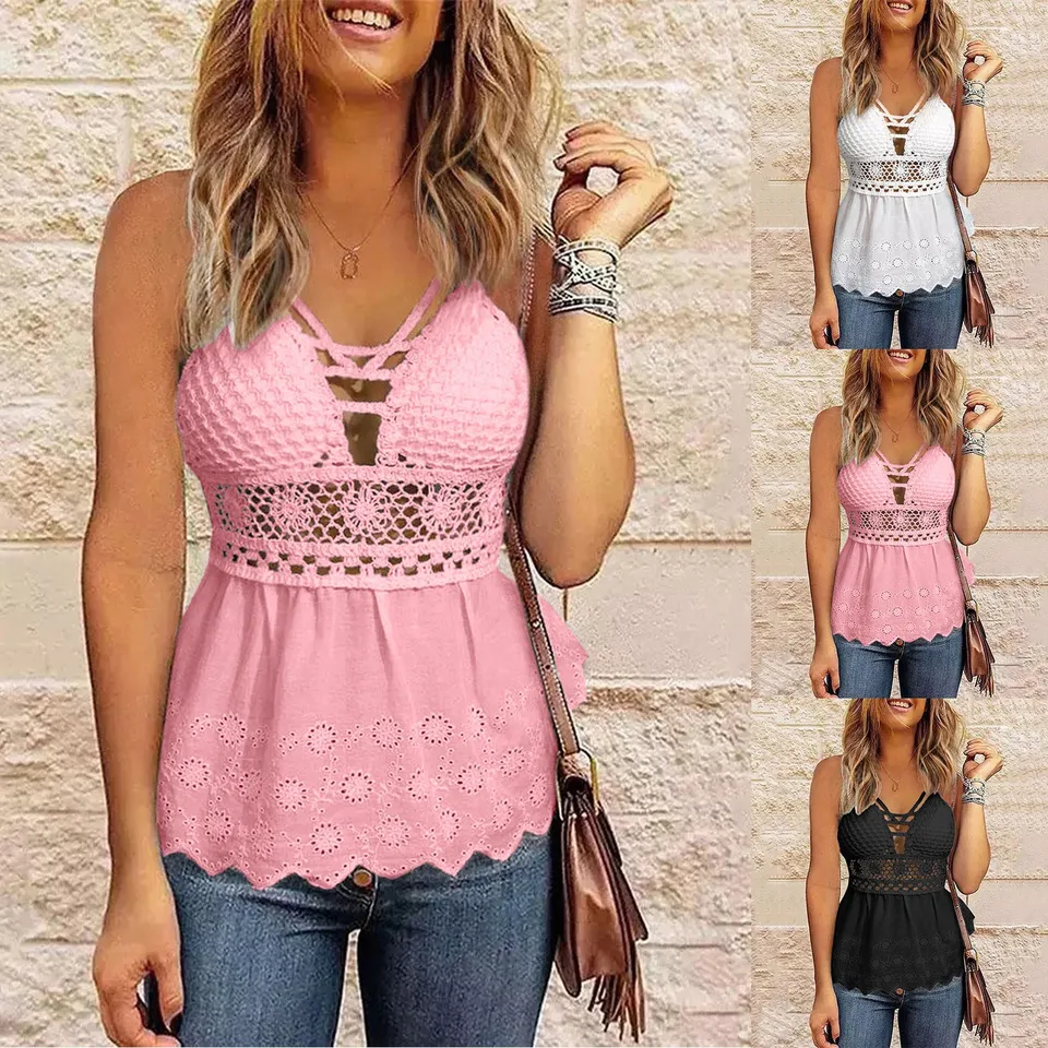 Dámske sexy hlboké V krku bez rukávov Pevná priedušná vesta Dutiny Otvorená zadná ohláňacia kravata Camisole Tops Spaghetti Strap Top