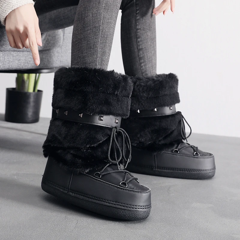Dámske snehové topánky 2024 Nové teplé lyžovanie zimné topánky Ženské vesmírne topánky Trendy dámy Zimné topánky Non-Slip Girls Furry Boots