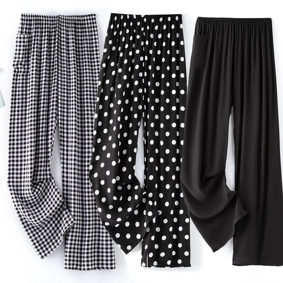 Dámske spiace nohavice Dot mriežka Sleepwear Wide Nohavice nohavice Vysoký pás Príležitostné ženské šaty, ktoré sú oblečené, voľné nohavice
