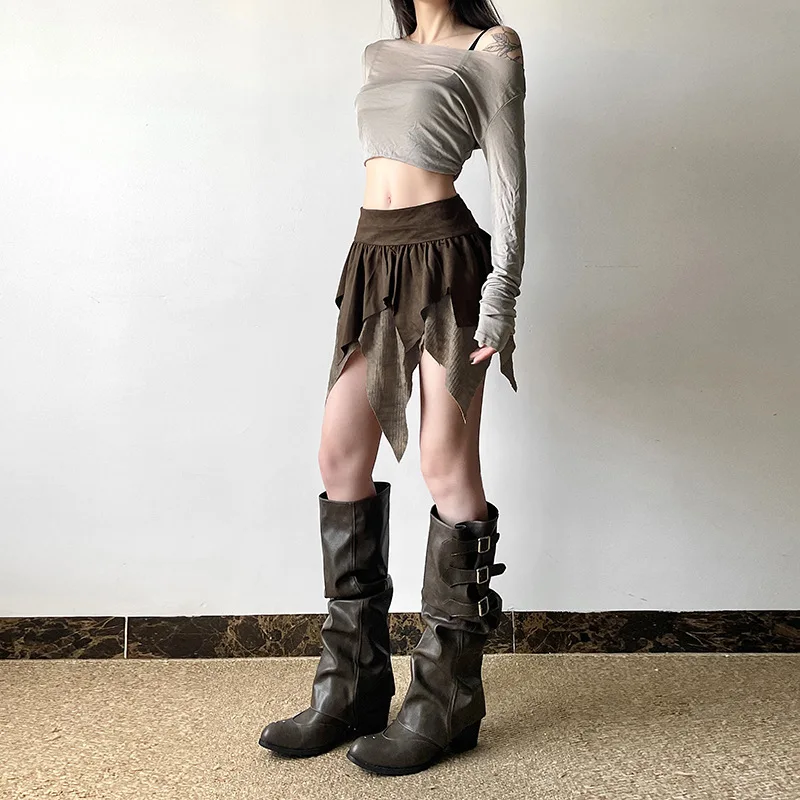 Dámske sukne Mini A-Line Vintage 90.s Lace Hem Asymetrické krátke sukne Kawaii Harajuku Streetwear Elastic Elastic Elaster Stredný pás sukne