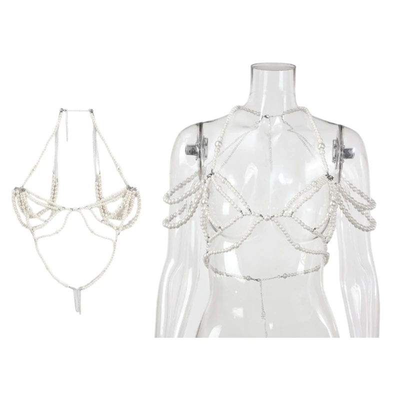 Dámske telesné šperky sexy Mutlilayered Pearl Halter Backless podprsenka BRAS HURGE HURGE Pláž NIGHLECT PARTY Outfit