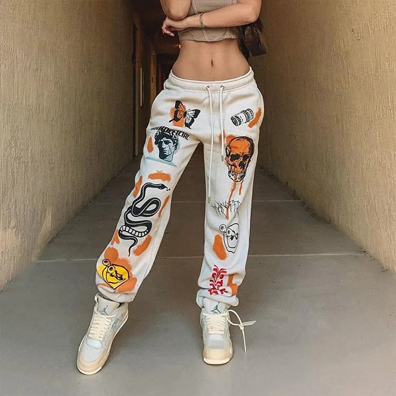 Dámske tepláky joggery y2k harajuku karikatúra lebka tlačená potrubie na ulici Streetwear Streetwear Nohavice Príležitostné tepláky s vysokým pásom 2024 Nové