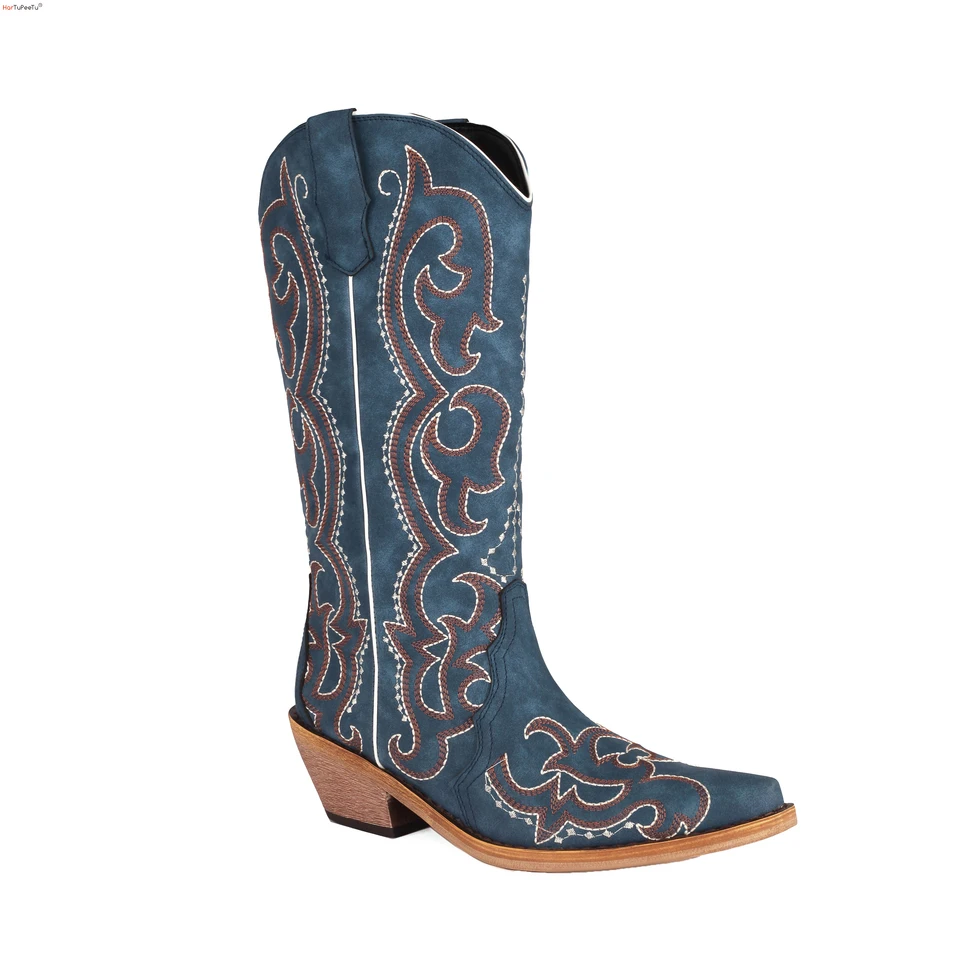 Dámske topánky Cowgirl Blue Pohodlné kovbojské západné topánky široké lýtkové kožené výšivky Dapper topánky