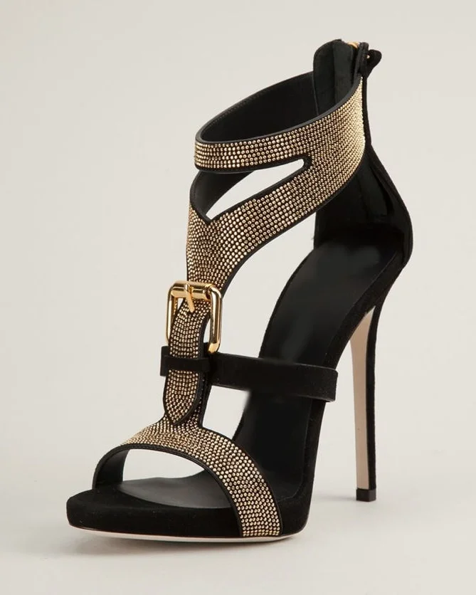 Dámske topánky s podpätkami Suede vystrihnite vysoký vamp zips up stiletto sandále krištáľové letné dámske topánky Vysoko kvalitné dámske podpätky