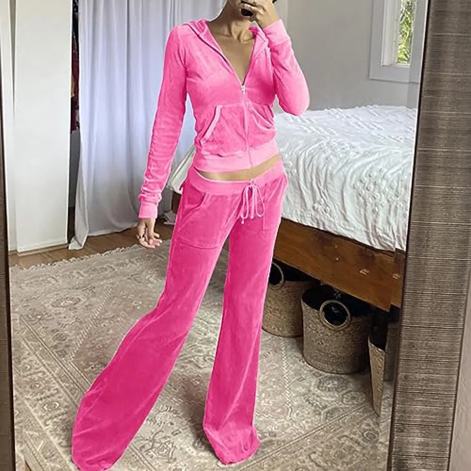 Dámske trať 2 kusové rozšírené nohavice Slim Fit Velor Velvet Swearsuit Casual Zip Up Hoodie Bunda Sweatpants Vintage Nohavice