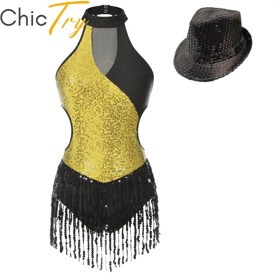 Dámske trblietavé flitre Halter Balet Dance Tutu Dress Gymnastics Troj s klobúkom moderný latinský jazzový tancujúci kostým Performance