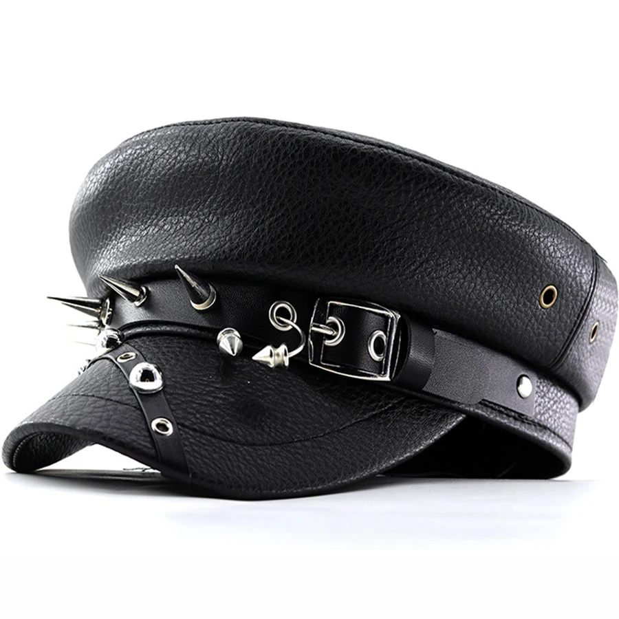 Dámske trendy baret čierne pu kožené kožené top top kapitán Military Caps Dámske doplnky