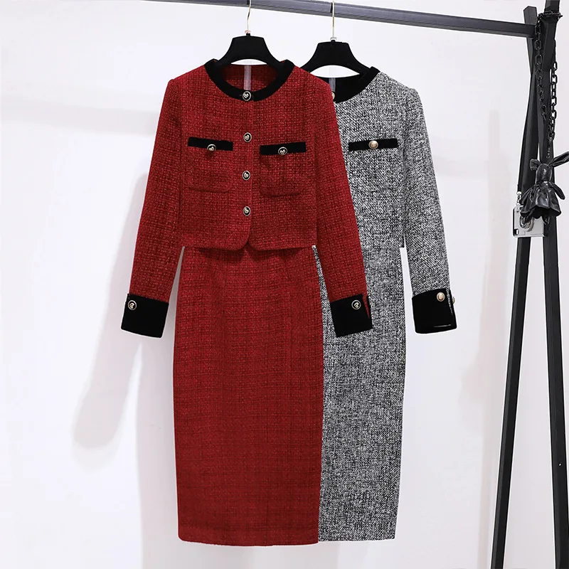 Dámske trendy Tweed dvojdielne set vintage elegantné single Breased Cropped Blazer Jacket+dlhá sukňa oblek malé voňavé oblečenie
