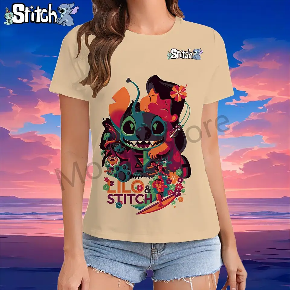 Dámske tričko Disney Stitch Kawaii XS-3XL Summer s krátkym rukávom Wear Y2K Dámske módy 2024 o krk ženské odevy vrcholy