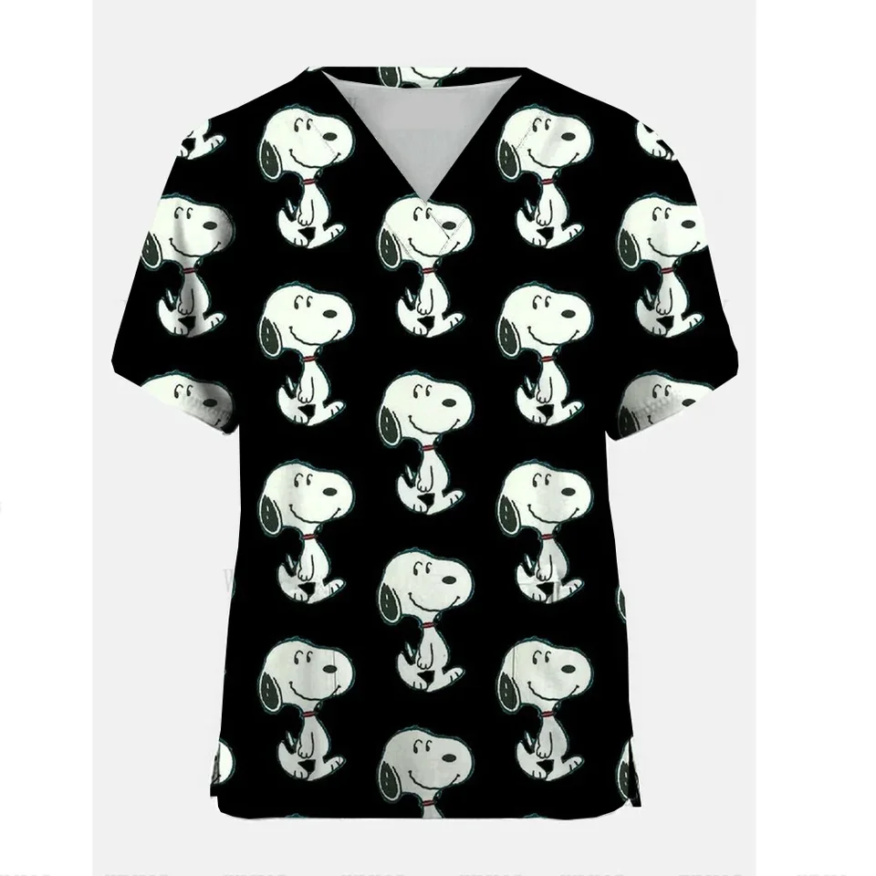 Dámske tričko sestra uniforma Krásne snoopy charlie hnedá karikatúra tlač V peck vrecka vrecka Lekárska top workwear uniforme enfermera topy