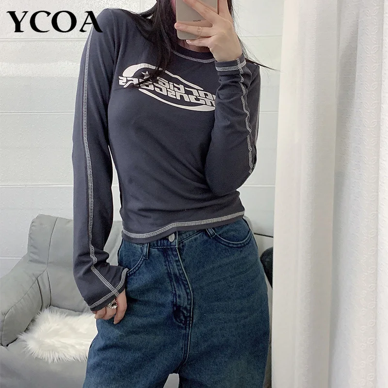 Dámske tričko Slim Crop Top Retro Graphic Pulloves Kórejská módna tlač Grunge Vintage dlhý rukáv TEE Y2K Streetwear Clothing