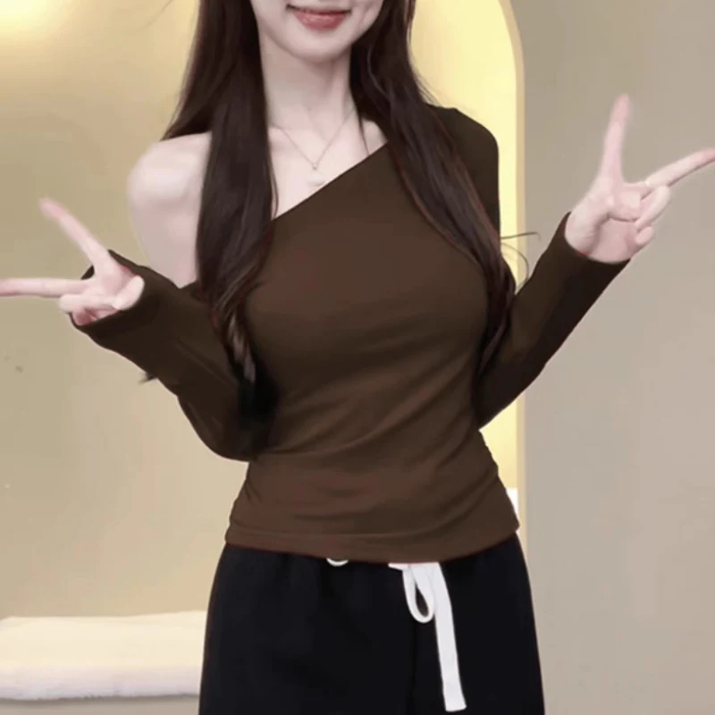 Dámske tričká Spring Jesenná pevná farba šikmé ramená s dlhým rukávom s dlhým rukávom sexy top