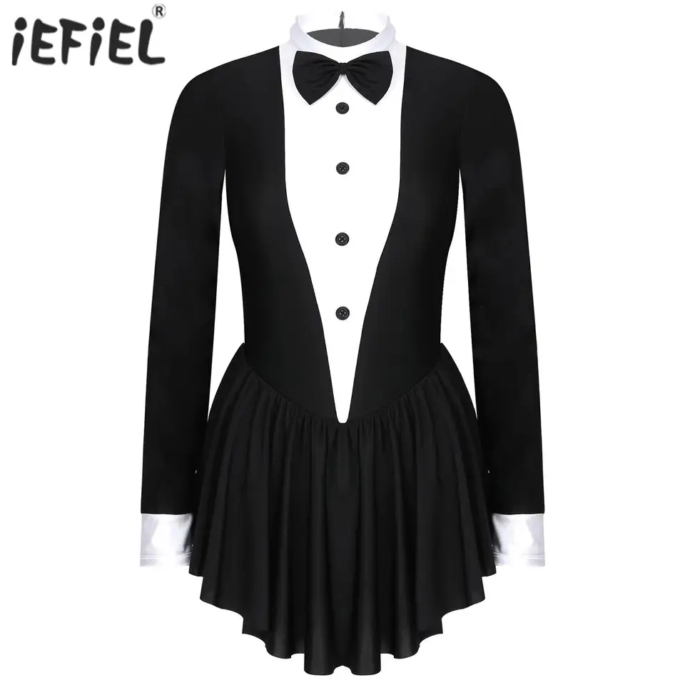 Dámske tuxedo čašníčka čašníčka cosplay outfity gymnastika krasokorčuľovanie kostýmy Bowknot Ruffle Gomfle Gomfle Dlhé rukávy