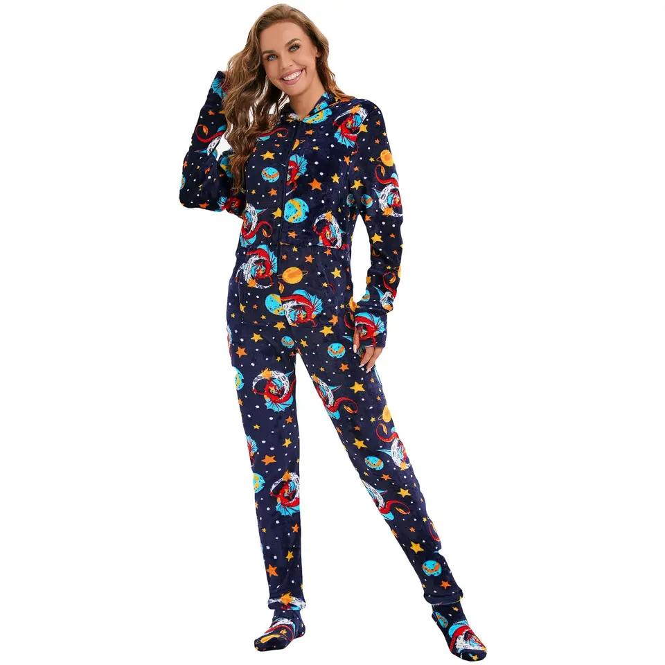 Dámske vesmírne tlač Homewear s dlhým rukávom nočné oblečenie flanel jumsuits s kapucňou vreckej