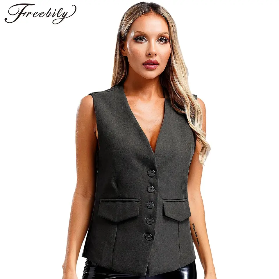 Dámske vesty ol lady vesty v krku gombíka na basy-up bez rukávov pre kancelársku prácu podnikanie pracovné odevy elegantné ženské tank Top top